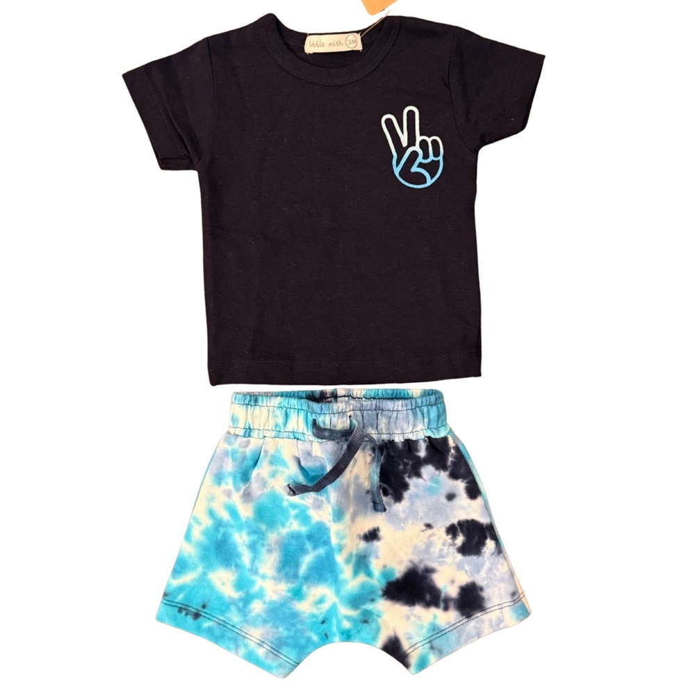 Little Mish Baby Boys Navy peace top with tie dye short set size 3 months NWT